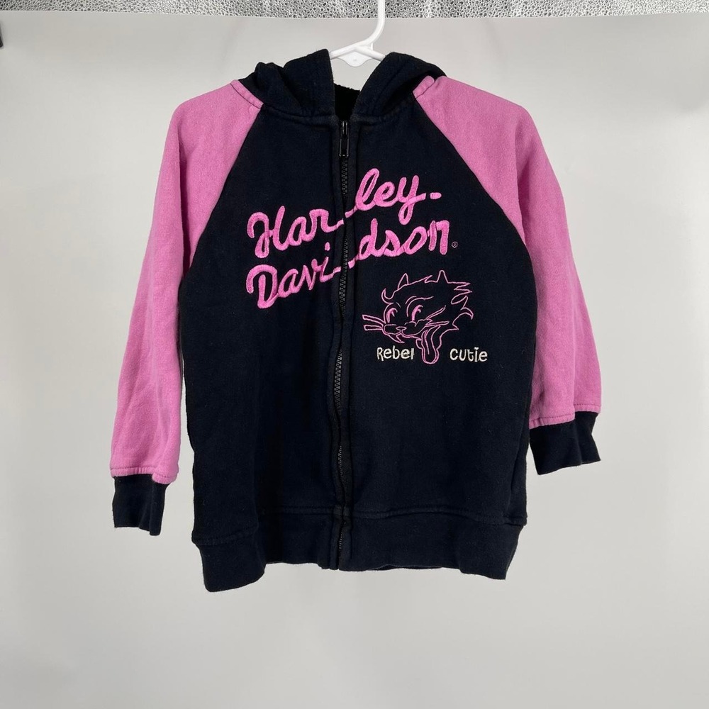 Y2K Harley Davidson Girl's Hoodie Sweatshirt Zip 4T Biker Embroidered Black Pink